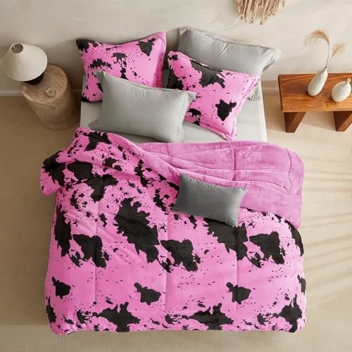  Velvet Flannel Comforter Set-Cow Print Western Style Queen Black/Pink - Image 3 of 4