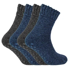 Mens 4 Pairs Thick Winter Non Slip Socks | THMO | Warm Merino Wool Slipper Socks