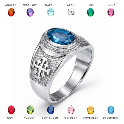 Sterling Silver Jerusalem Cross Oval CZ Birthstone Ring Unisex