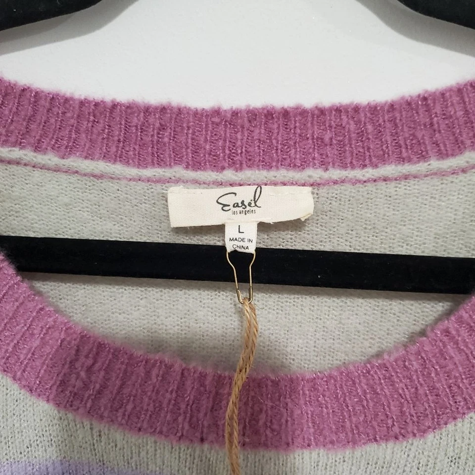 Caballete ¡NUEVO CON ETIQUETAS! Acogedor suéter a rayas multicolor gris rosa púrpura crema de gran tamaño talla L Foto 3 de 4