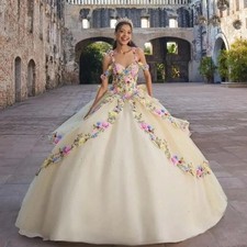 Champagne Quinceanera Dresses Off Shoulder Lace 3D Flowers Ball Gowns Sweet 16