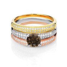 2.24 Ct Round Brown Smoky Quartz 925 Sterling Silver Set of 3 Stacking Ring