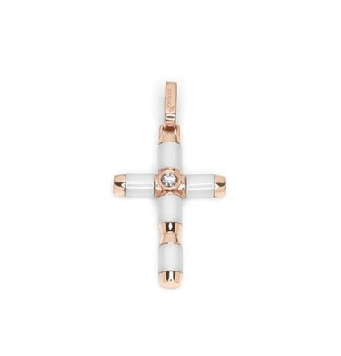 BARAKA Men's CR281021ROCB000005 Rose Gold White Ceramic & Diamonds Cross Pendant