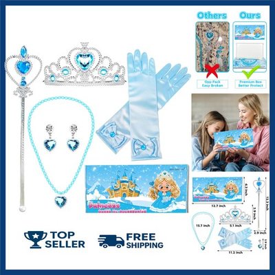 #ad Princess Dress Up Accessories Set of 6 Elsa Crown Wand Gloves Jewelry Gift Set $11.69