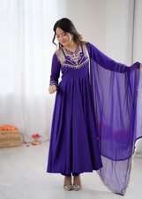 Traditional Look Purple Roman Silk Gown Bottom With Dupatta For Women Girls