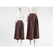 Vintage 80s Wool Paisley Midi Skirt High Waisted Full Pleated Dark Academia M 28