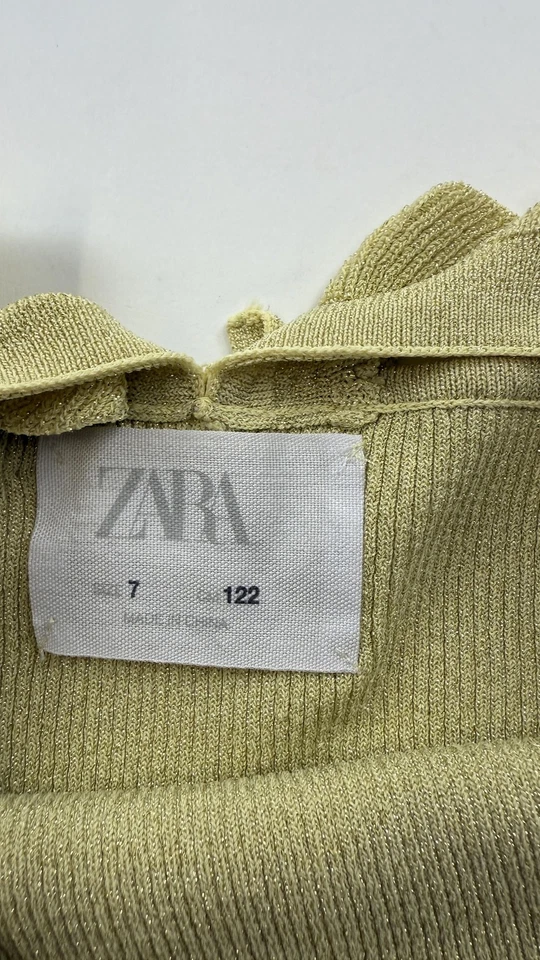 Zara Knit Top Girls Size 7 Gold Ruffle Strap Bow Back Ribbed Metallic Tank - Image 2 of 4