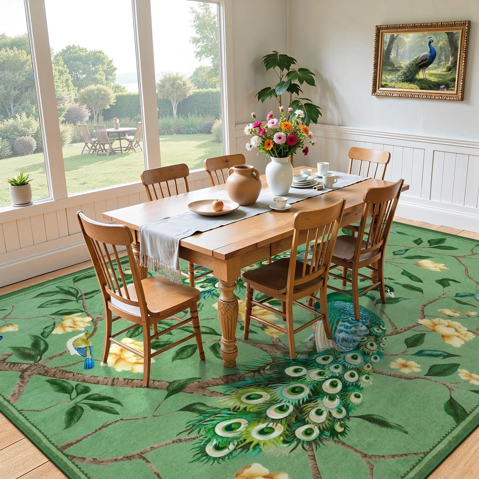 Caprichosas alfombras de pavo real 8x10, alfombra de área con estampado de animales para sala de estar botánico... Foto 4 de 4