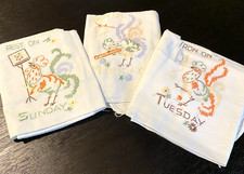 Vtg Hand Embroidered Dish Towels 3 Days of the Week Chores Turkey Chicken Large