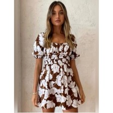 Faithful the brand white brown puff sleeve cotton fit flare dress size 8
