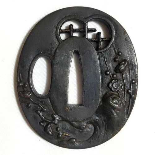 Japanese Tanto Tsuba Window Plum Design Iron Ground Mumei High Relief - Picture 1 of 7