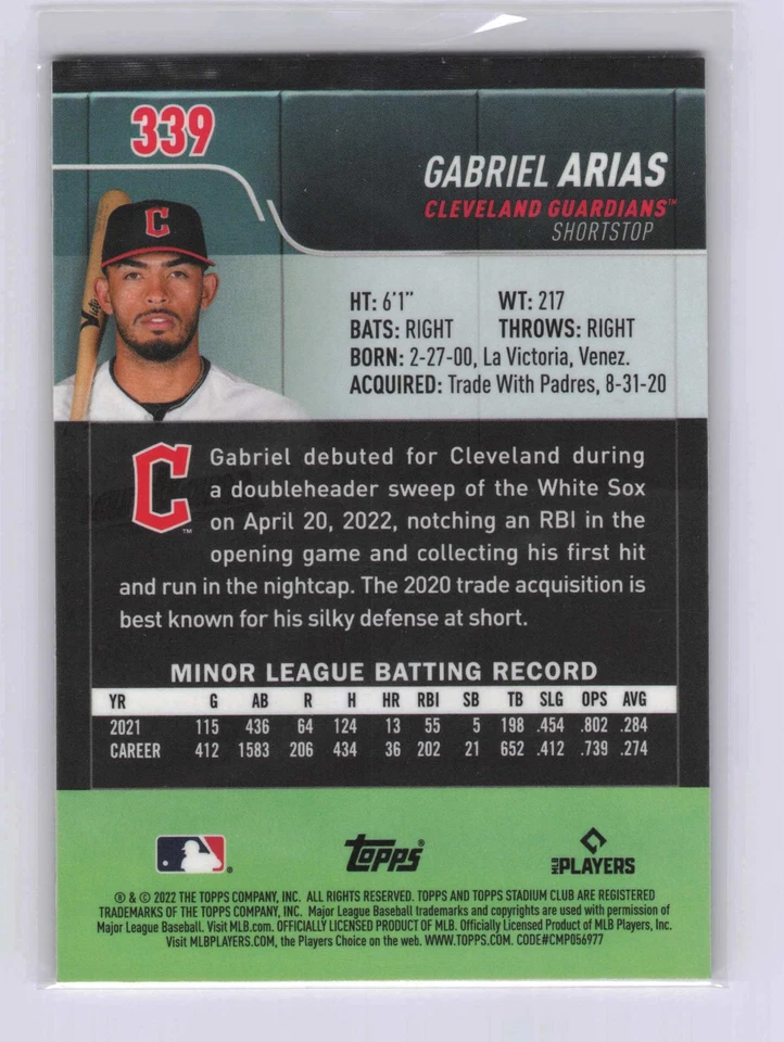 2022 Topps Stadium Club Chrome Gabriel Arias #339 X-Fractor (RC) - Image 2 of 2