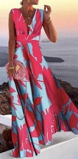 Women’s Casual Boho Print Zipper V Neck Sleeveless Long Dress Size Medium