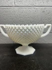 VTG Westmoreland Milk Glass Pedestal Bowl Double Handle Diamond Point Sawtooth