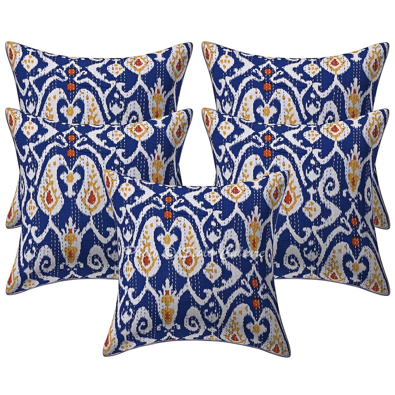 Boho Cotton Throw Pillow Covers Kantha Blue Ikat Indian Home Decor Cushion Cover