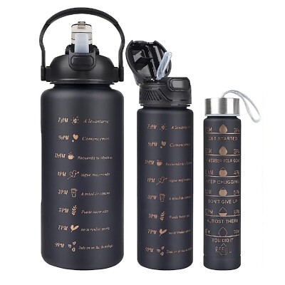 3X MOTIVATIONS SPORT FITNESS GYM WASSERFLASCHE SET STROHHALM/-SCHWARZ/ROSEGOLD ZEIT