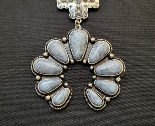 Southwestern Revival Squash Blossom Drop Cross Pendant Necklace - Picture 6 of 13