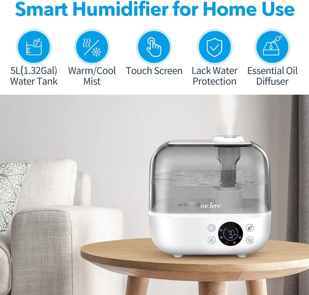 5L Humidifier For Bedroom Top Fill Warm Cool Mist Humidifiers