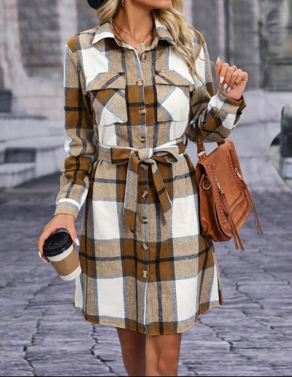 SHEIN Plaid Single Breasted Belted Shirt Dress (Med)