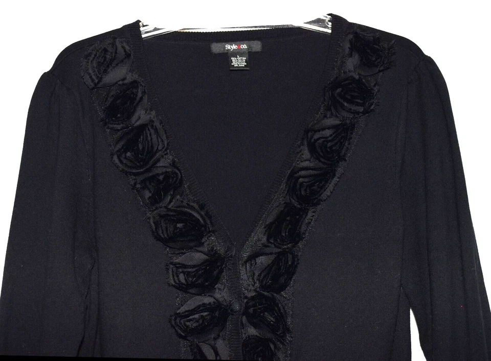 Suéter Cárdigan Suéter Style&Co Negro Floral Borde Escote Algodón Rayón Cuello en V Talla L Foto 2 de 4