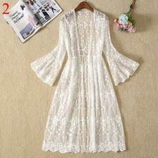 Femme Blanc Manteau Long Veste Cardigan Évasé Manche Pur Protection Soleil Plage