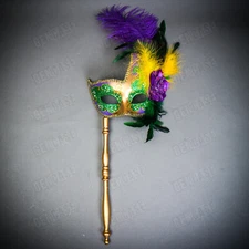 Venetian Elegance Side Feather Masquerade Stick HandHeld Mask Mardi Gras Green