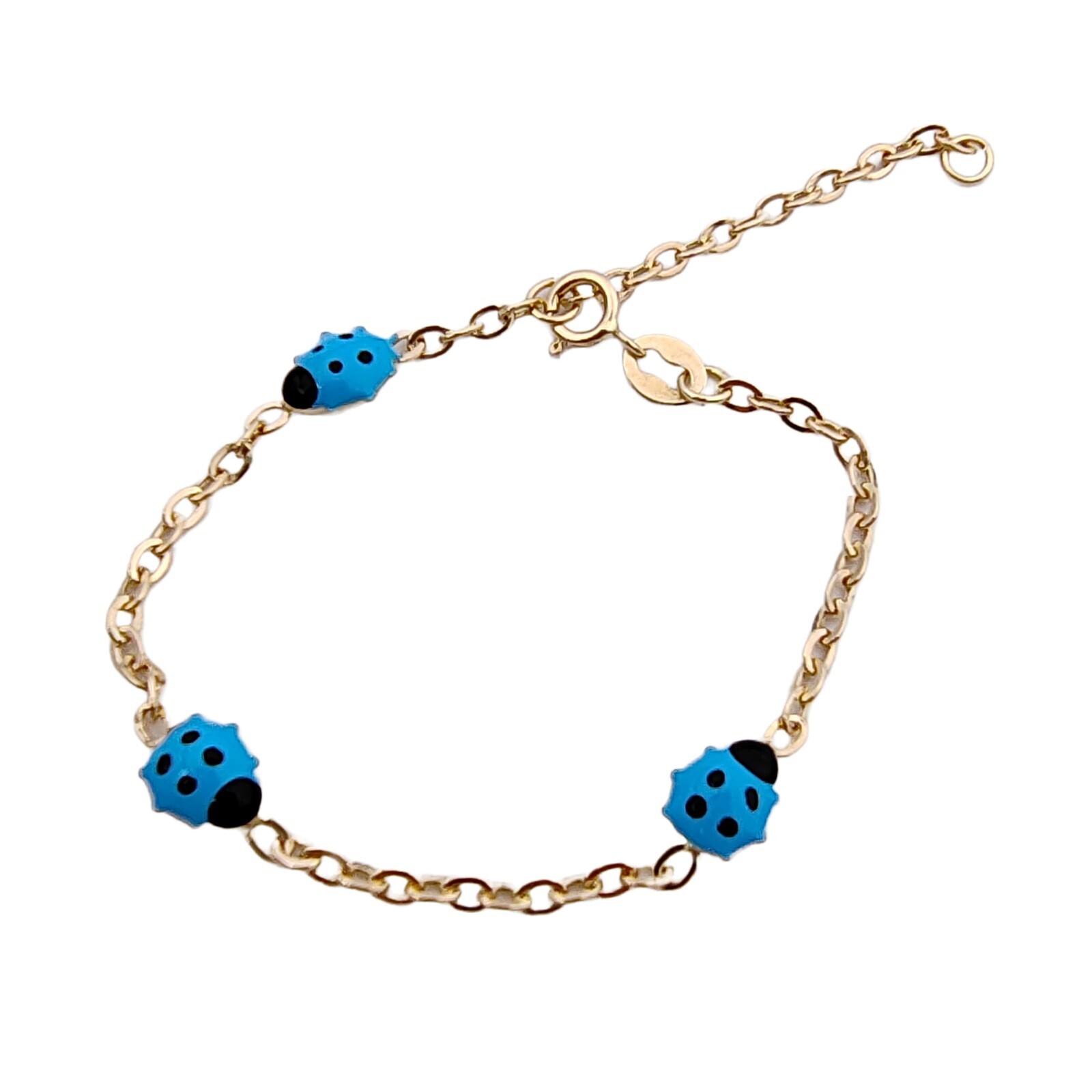 Pulsera de Oro Con Mariquitas Azul Pulsera Niño Bebé para Bautizo