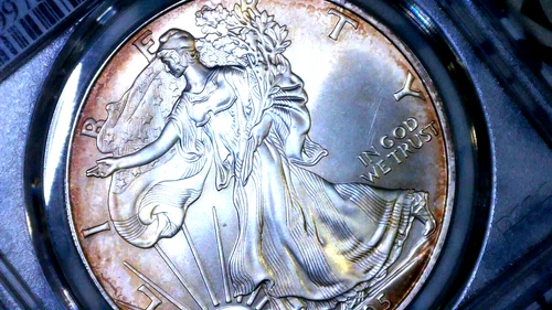 2005 AM EAGLE MS 68 PCGS 1oz.PURE SILVER GOLDEN TONED