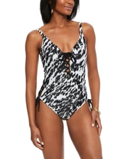BAR III Heat Wave Lace-Up One-Piece Swimsuit 21224 Blk/Multi S,L,XL NWT $88