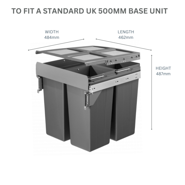 Under Counter Kitchen Bin Integrated Recycle Unit To Fit 500mm 68L