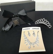 Silver Bridal Jewelry Set Necklace Earrings Tiara Gift Box Elegant Wedding Prom