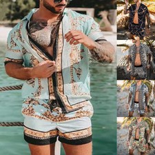 Hawaiian Shirt Set Men Printing Short Sleeve Summer Casual Floral Beach 2 Pieces