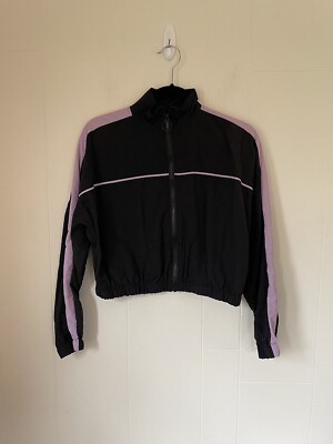 Forever 21 full zip cropped windbreaker jacket black pink 90's