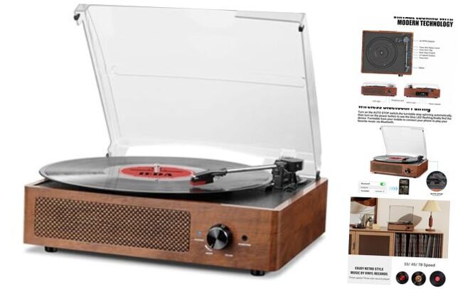 Vinyl Record Players Vintage Turntable for Vinyl Records with Speakers Orange-image