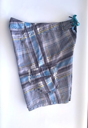Nike 6.0 Boys Board Shorts Size 8 Swim Trunks Unlined Gray Blue Yellow Mod Plaid - Picture 3 of 5
