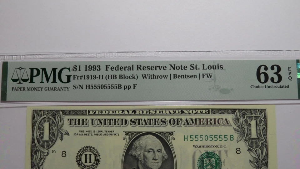 $1 1993 Near Solid Serial Number Federal Reserve Bank Note Bill UNC63 #55505555 - Image 2 of 3