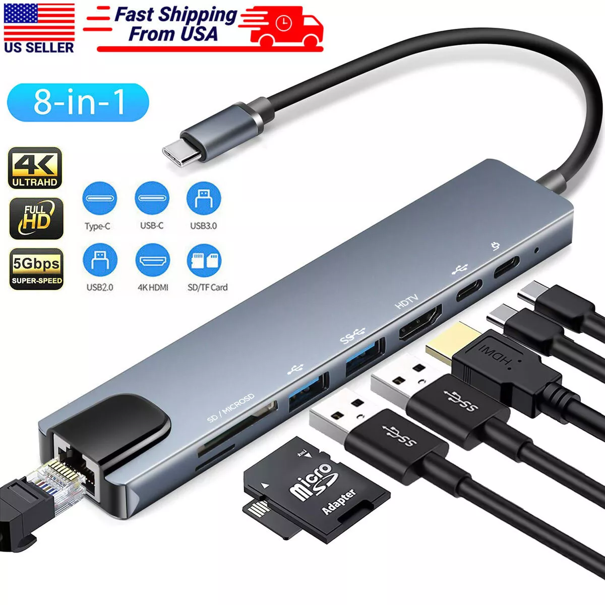 Hub USB-C 8 ports (USB, carte SD, Ethernet, HDMI)