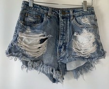 Signature 8 Shorts Womans Small Blue Distressed Button Fly Denim Raw Hem