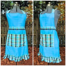 VTG 90's Turquoise Blue Full Bib Twill Apron Plaid Pocket Farmcore Cottagecore