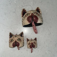 Vtg Handmade Cat Head Hanging Decor Wind Chimes Leopard Tail Indonesian 3,4,5”