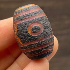 Tibetan Dzi Bead Necklace Three Nine Eye Agate Pendant Raw Stone Buddha Amulet