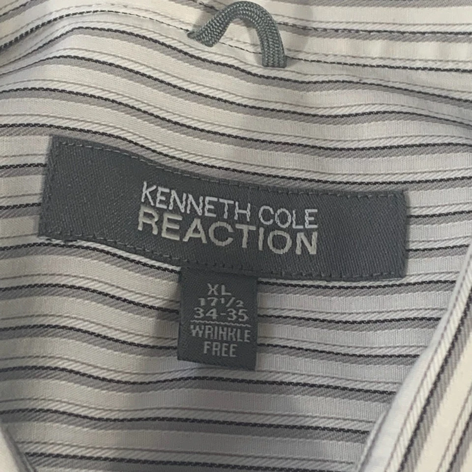 Camisa Kenneth Cole Reaction Para Hombre XL 17.5 34-35 Gris Rayas Botón Sin Arrugas Foto 2 de 4