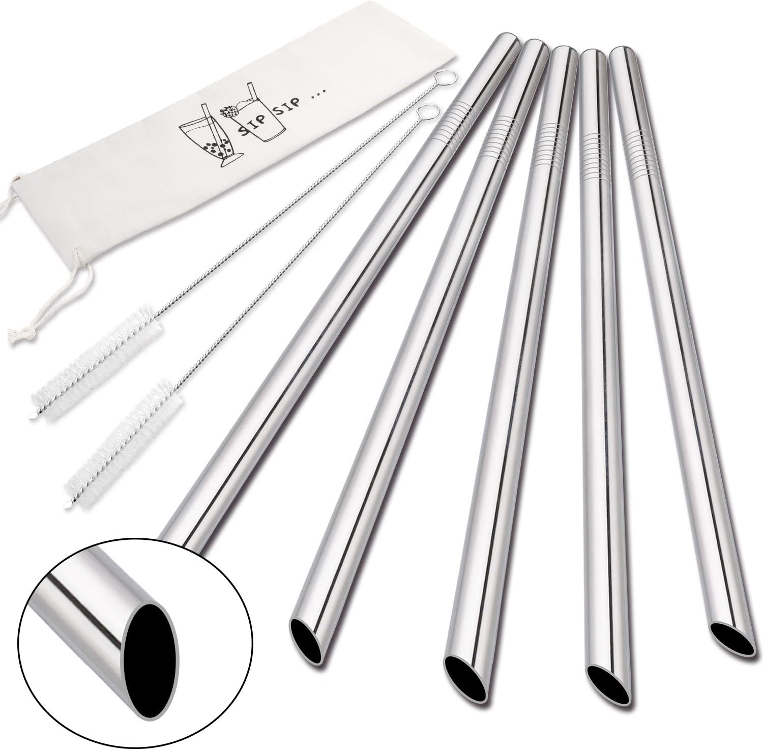 Eco-Friendly Metal Straws for Bubble Tea & Smoothies with Cleaning Brushes - 5 Pack