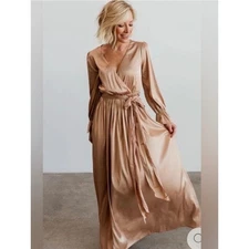 Baltic Born Holly Satin Maxi Dress Women's XL Beige Long Sleeve Cocktail Event