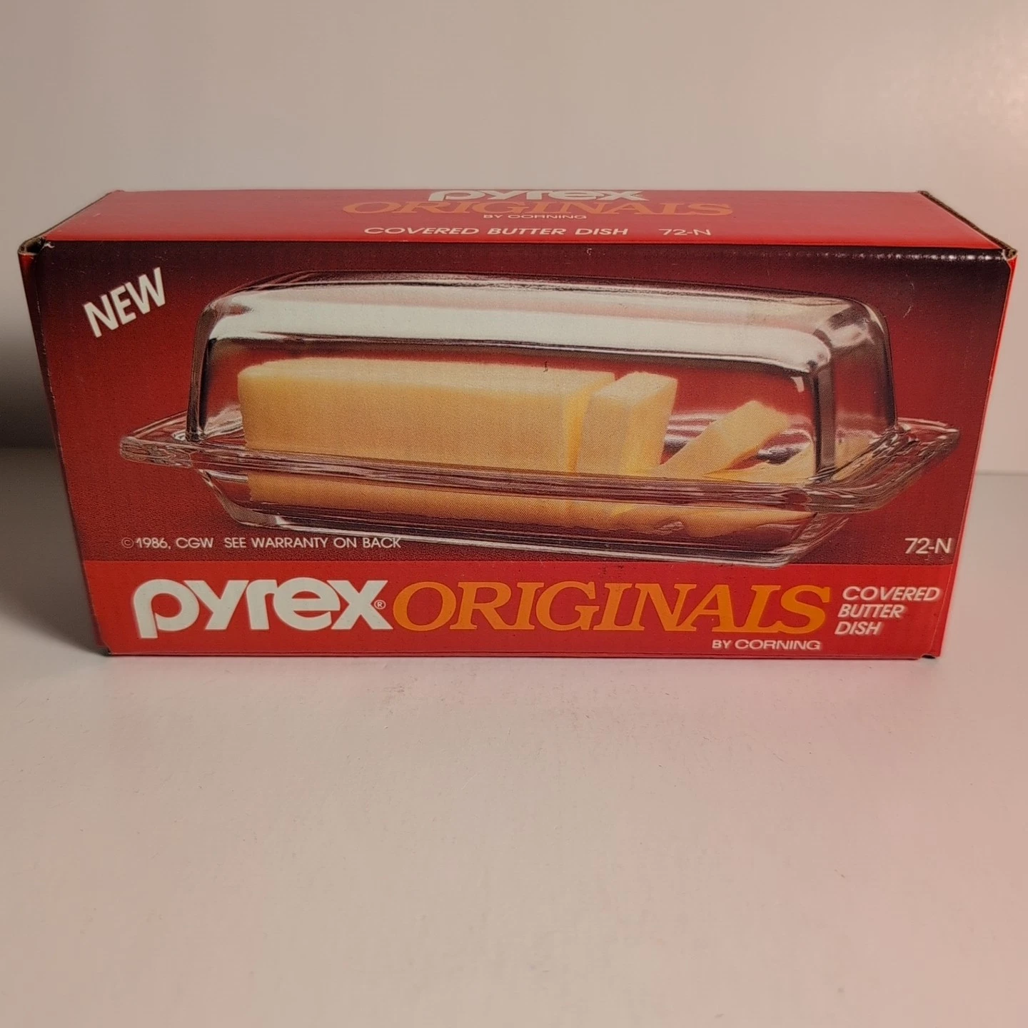 1986 Pyrex Originals by Corning 72-N Clear Covered Butter Dish w Box NEVER USED