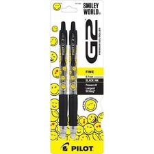Pilot G2 Smiley World Gel Ball Pen 0.7mm 2/Pk Black Inks Office School Home
