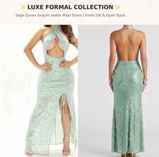 Fashion Nova Sage Green Sequin Halter Maxi Gown Open Back Side Slit M