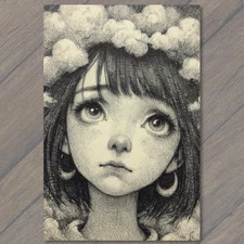 POSTCARD Dreamy Girl Surrounded By Clouds Soft Eyes Crosshatch Pencil Drawing
