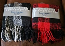 Lot Of 2 Buffalo Plaid Scarf Plaid Fringed Red Blk Scarf Wrap Women's Polyester