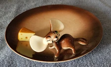 Vintage Ceramic Bobble Head Mouse Round Cheese Dish Plate